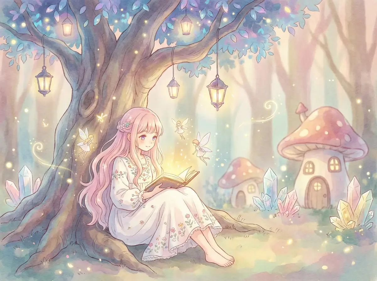 鸭王2 - 魔法森林中阅读故事书的粉发少女与精灵